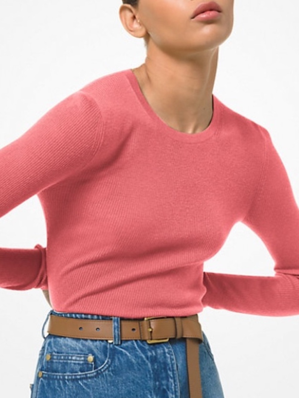 Michael Kors Collection Cashmere Featherweight Ribbed Crewneck Pullover Sweater